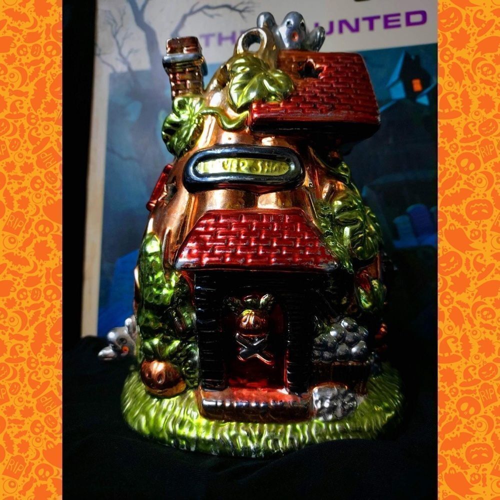 1990s HALLOWEEN Haunted Flower Shop Metallic Ceramic Tea Light Candle Holder